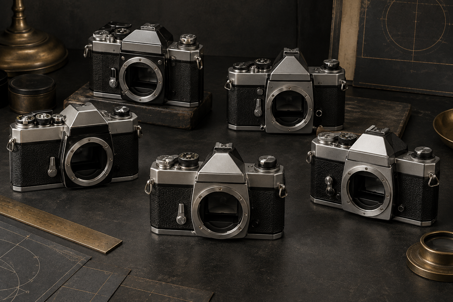 Classic black and silver 35mm SLR camera with detailed mechanical controls