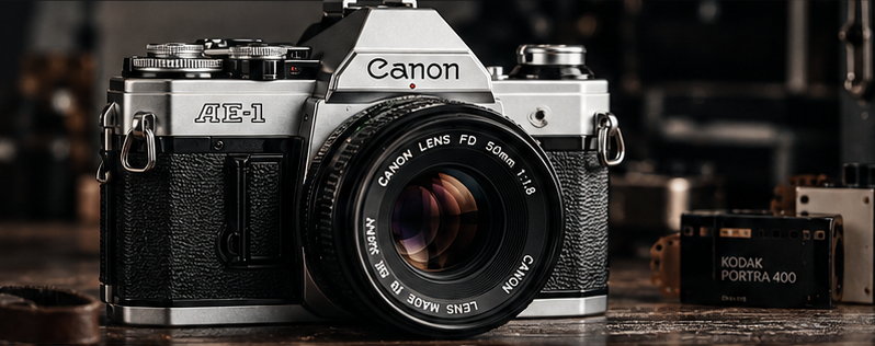 Canon AE-1 classic 35mm SLR camera in a dark studio setting