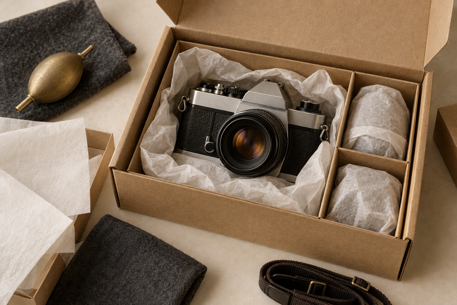 Protectively wrapped classic camera equipment arranged in an export carton