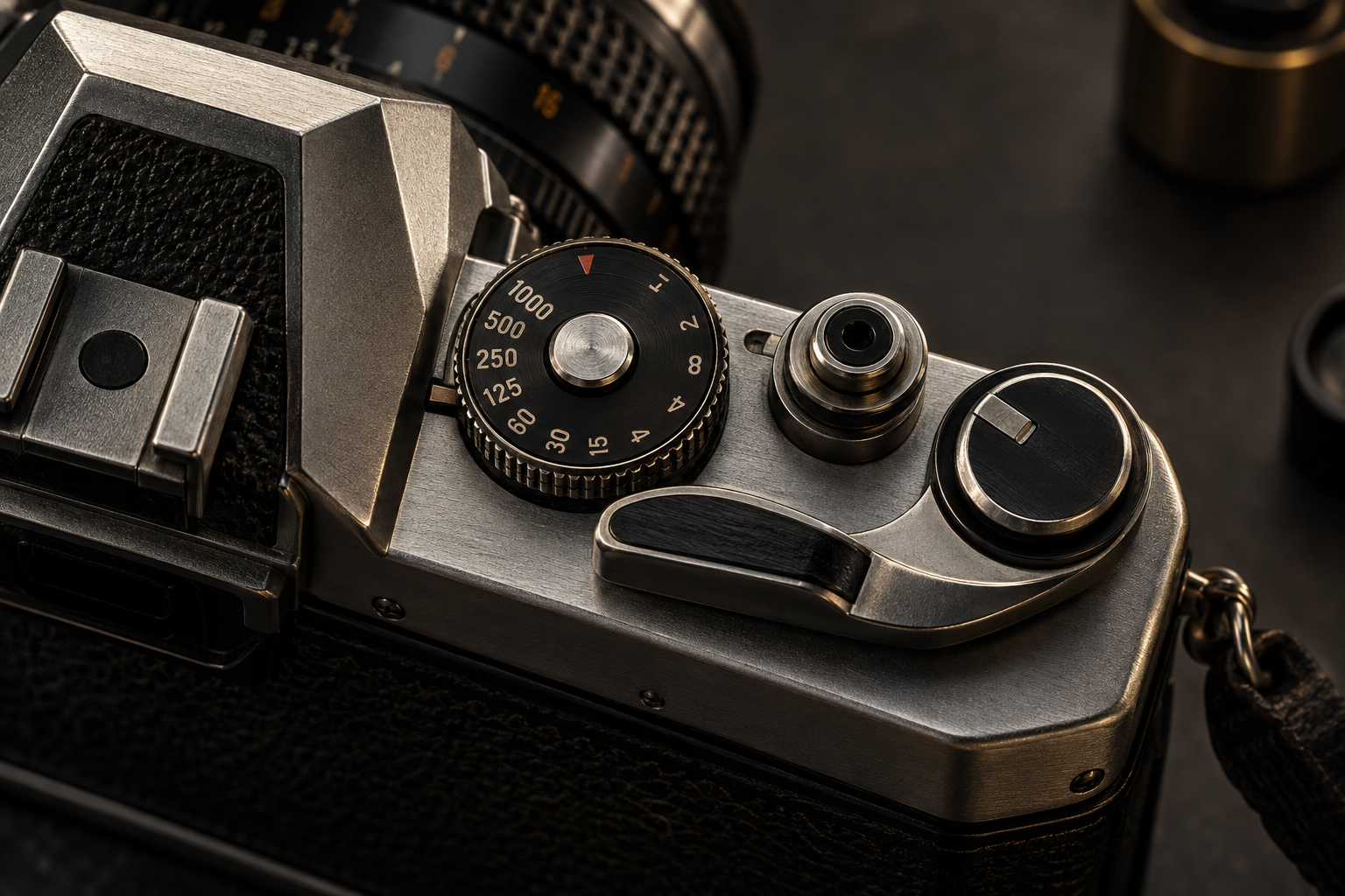 Macro view of classic 35mm SLR camera controls during inspection
